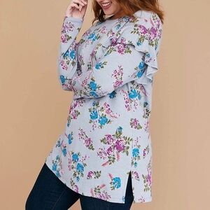 Lane Bryant (Women's 14/16) Floral Long Sleeve Ruffle Long-line Tunic Top